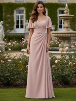 Chiffon Sweetheart Pleated Bridesmaid Dresses with Sleeves