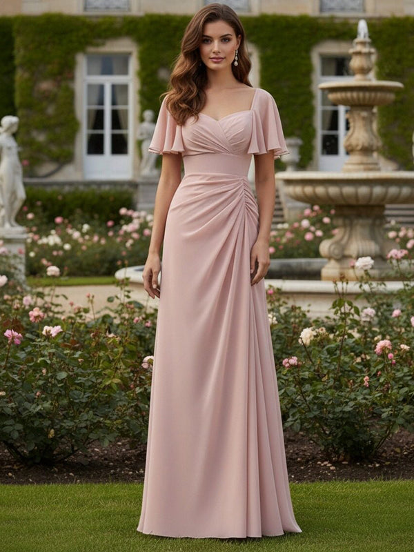 Chiffon Sweetheart Pleated Bridesmaid Dresses with Sleeves