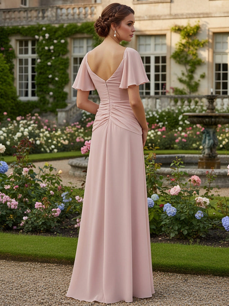 Chiffon Sweetheart Pleated Bridesmaid Dresses with Sleeves