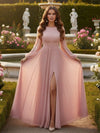 Chiffon Long Sleeves Jewel Neck Bridesmaid Dresses with Slit