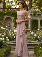 Chiffon Spaghetti Straps Ruffles Long Bridesmaid Dresses with Lace Applique