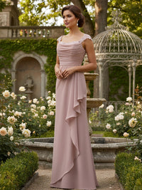 Chiffon Spaghetti Straps Ruffles Long Bridesmaid Dresses with Lace Applique