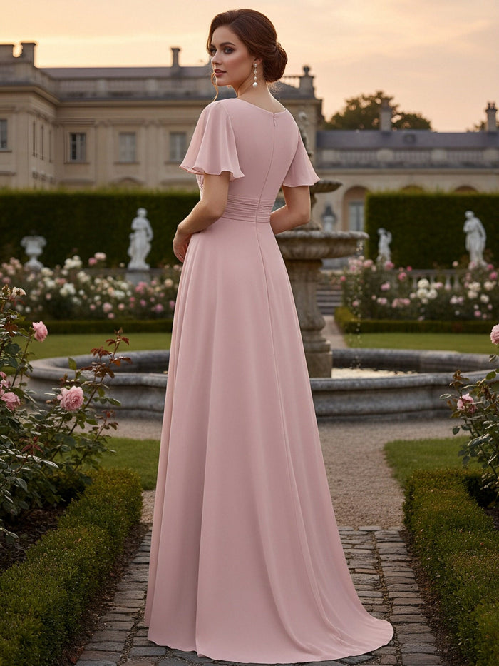 A Line Crew Neck Short Sleeves Pleated Long Bridesmaid Dresses