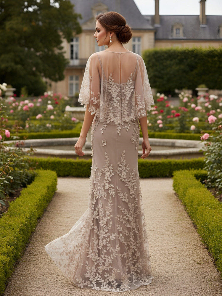 Lace Applique Crew Neck Mermaid Formal Dresses with Caps