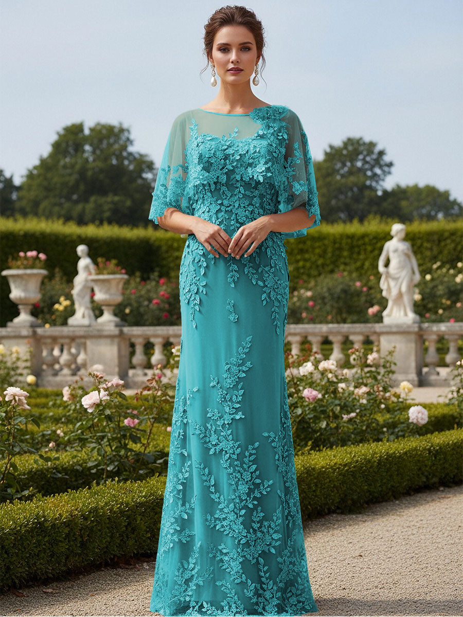 Lace Applique Crew Neck Mermaid Formal Dresses with Caps – Gracins