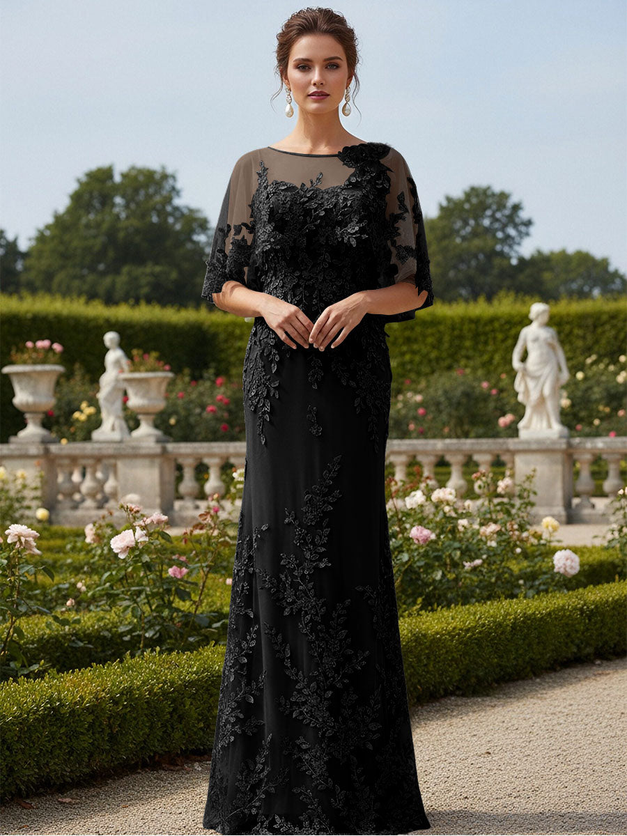 Lace Applique Crew Neck Mermaid Formal Dresses with Caps