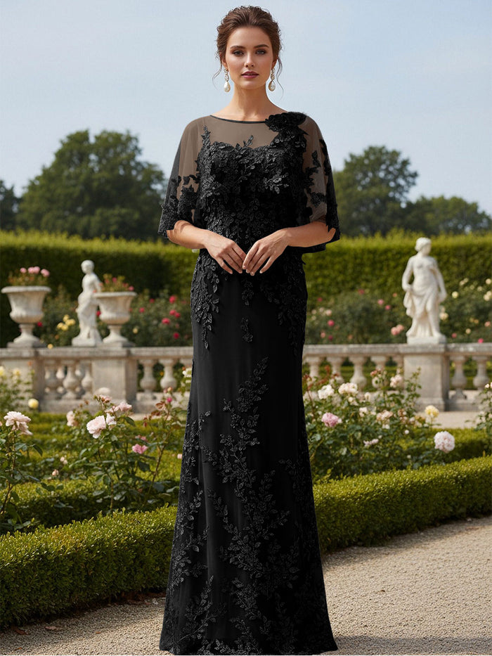 Lace Applique Crew Neck Mermaid Formal Dresses with Caps