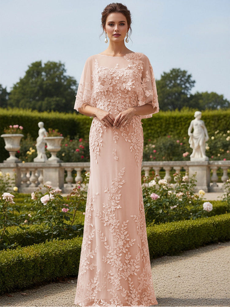 Lace Applique Crew Neck Mermaid Formal Dresses with Caps