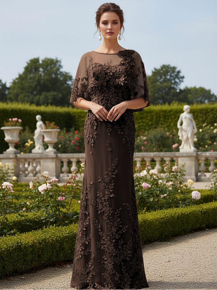 Lace Applique Crew Neck Mermaid Formal Dresses with Caps