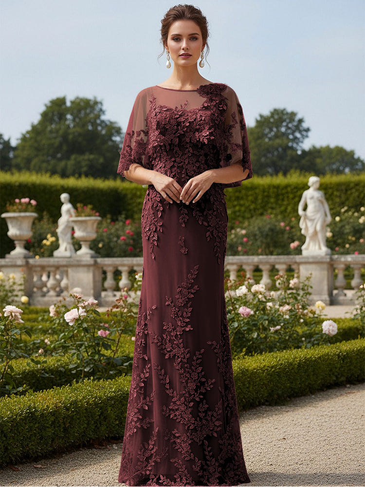 Lace Applique Crew Neck Mermaid Formal Dresses with Caps