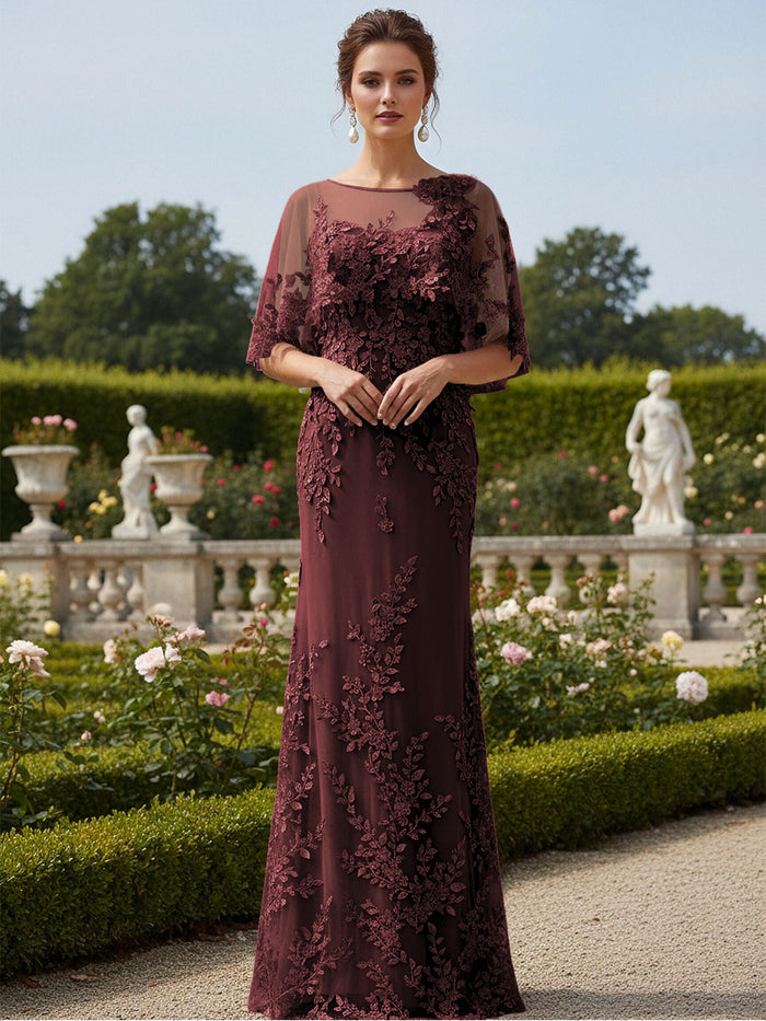 Lace Applique Crew Neck Mermaid Formal Dresses with Caps