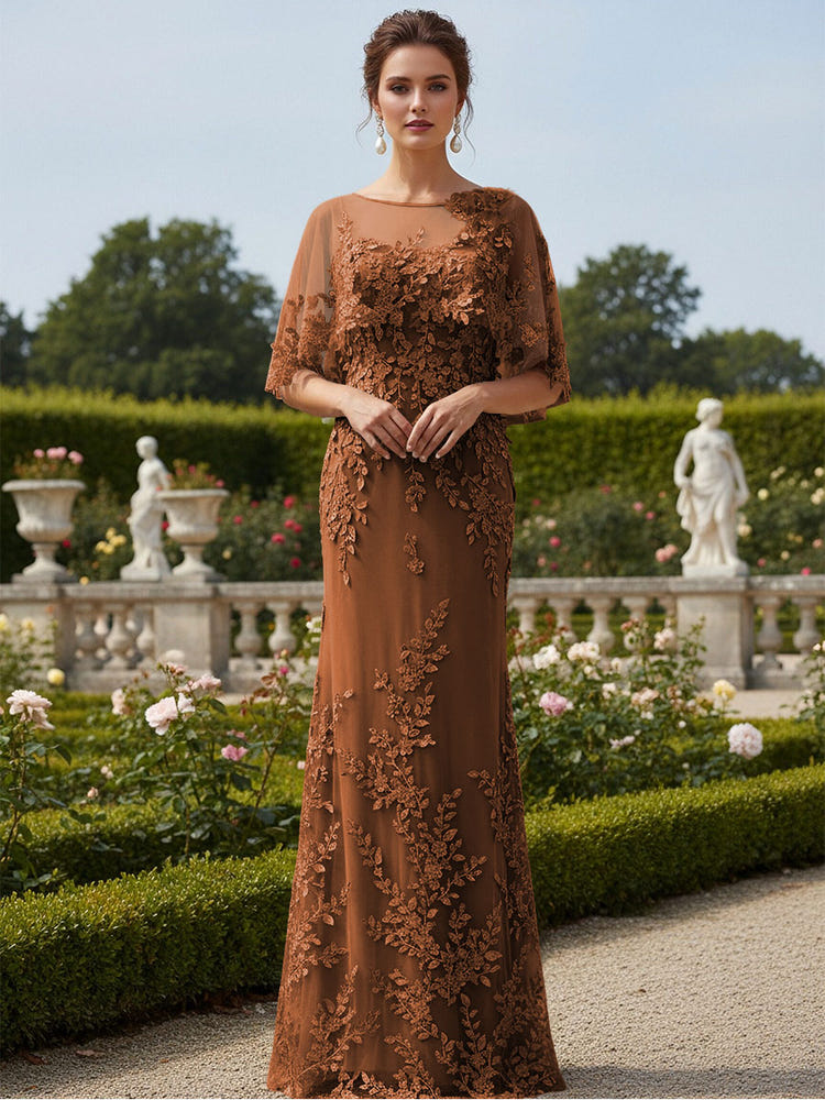Lace Applique Crew Neck Mermaid Formal Dresses with Caps