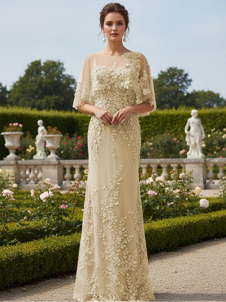 Lace Applique Crew Neck Mermaid Formal Dresses with Caps