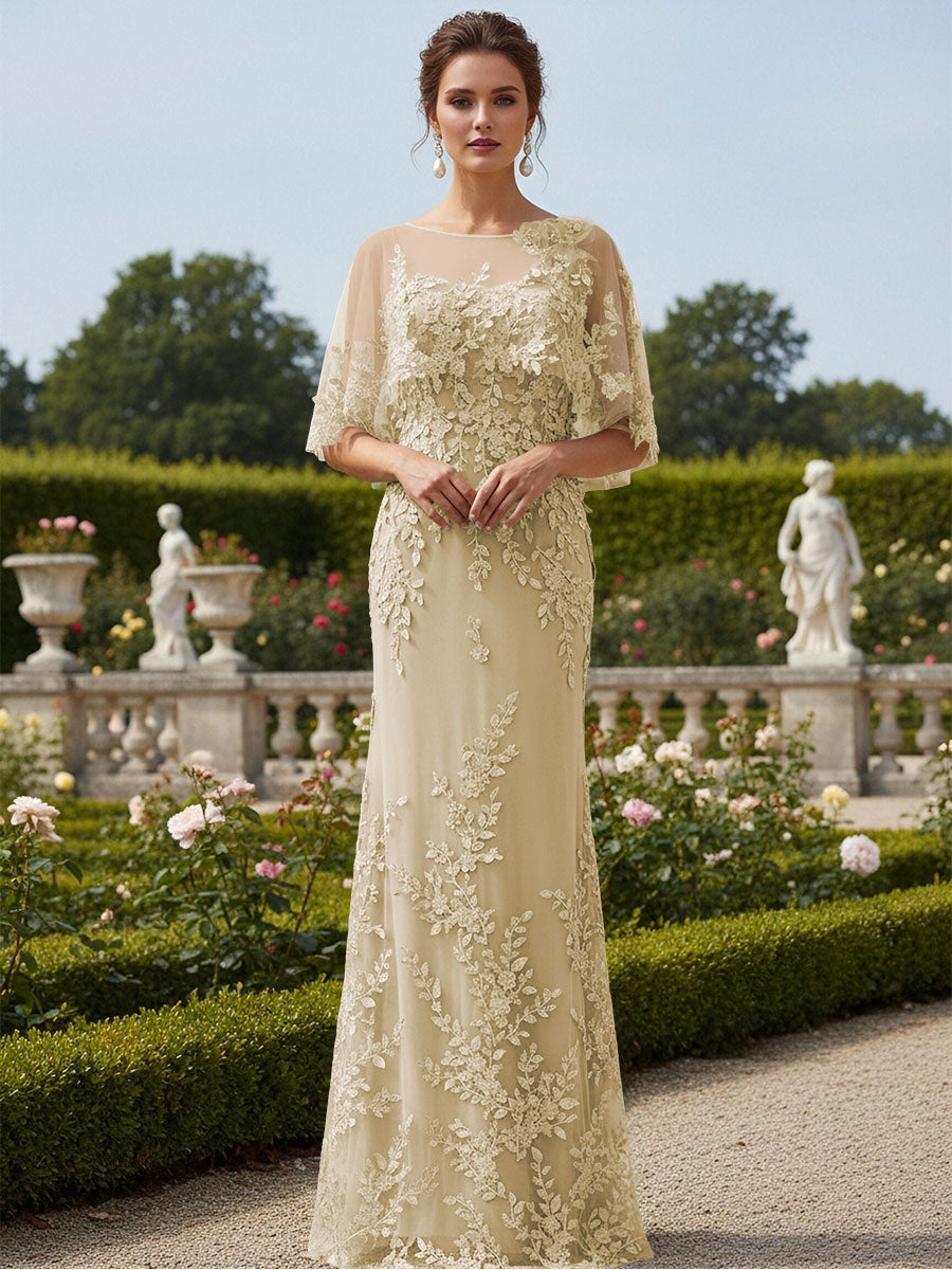 Lace Applique Crew Neck Mermaid Formal Dresses with Caps