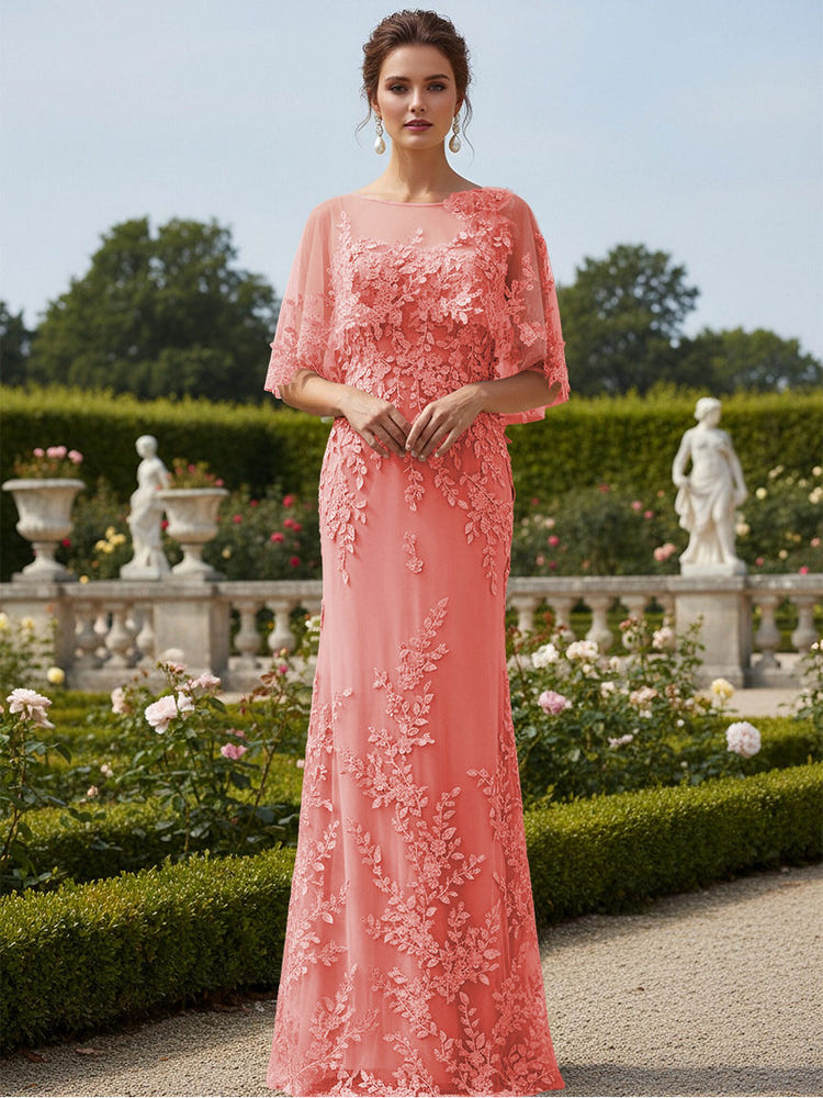 Lace Applique Crew Neck Mermaid Formal Dresses with Caps