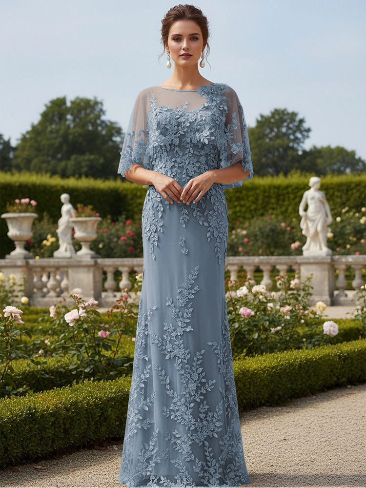 Lace Applique Crew Neck Mermaid Formal Dresses with Caps