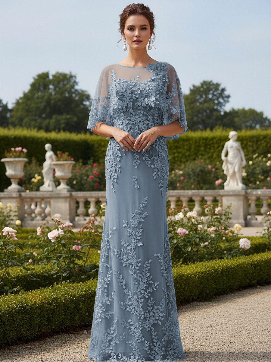 Lace Applique Crew Neck Mermaid Formal Dresses with Caps