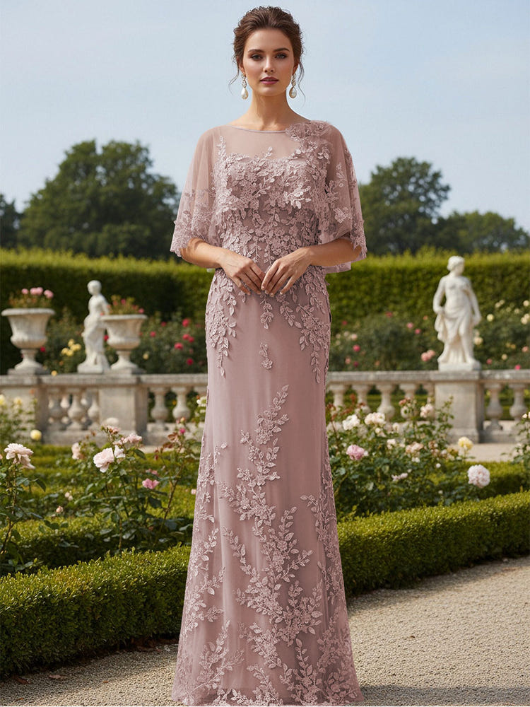Lace Applique Crew Neck Mermaid Formal Dresses with Caps