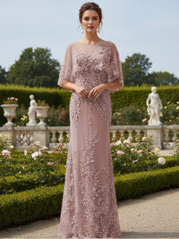 Lace Applique Crew Neck Mermaid Formal Dresses with Caps