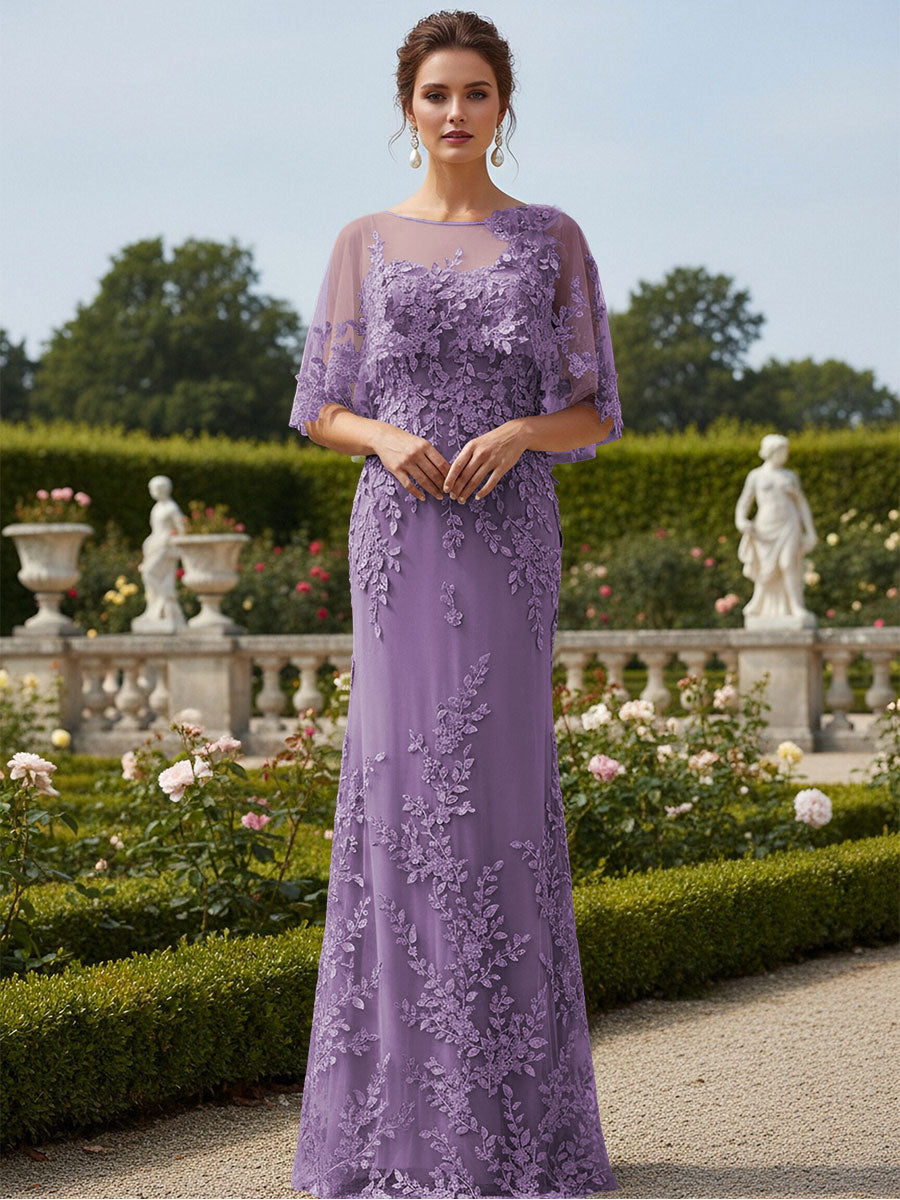 Lace Applique Crew Neck Mermaid Formal Dresses with Caps
