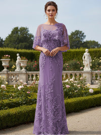 Lace Applique Crew Neck Mermaid Formal Dresses with Caps