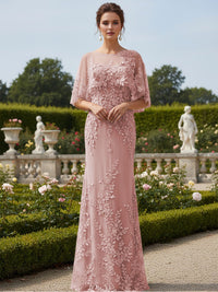 Lace Applique Crew Neck Mermaid Formal Dresses with Caps
