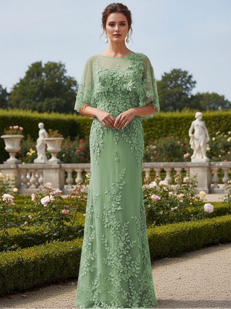 Lace Applique Crew Neck Mermaid Formal Dresses with Caps