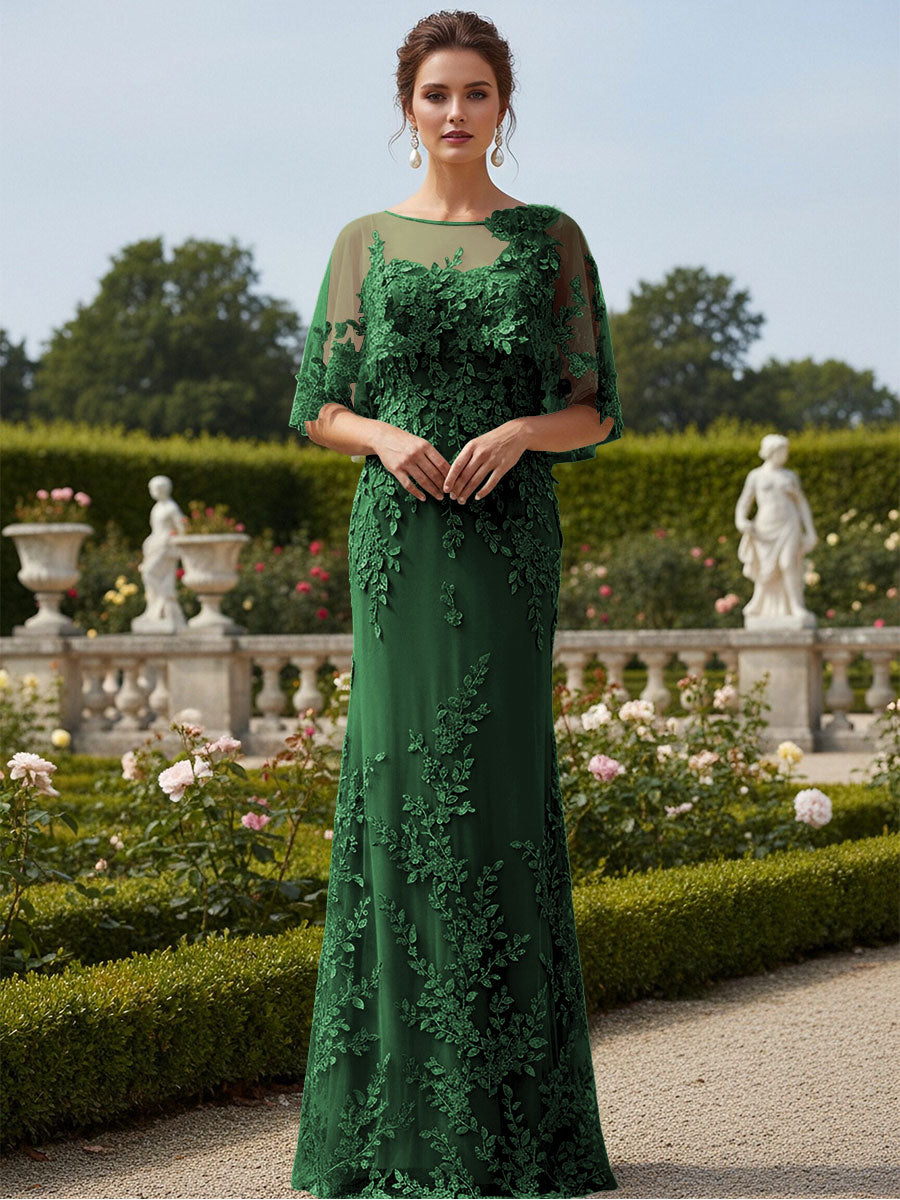 Lace Applique Crew Neck Mermaid Formal Dresses with Caps