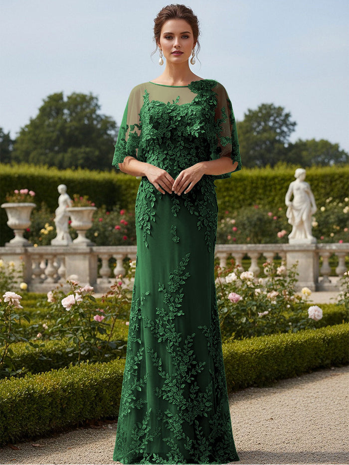 Lace Applique Crew Neck Mermaid Formal Dresses with Caps