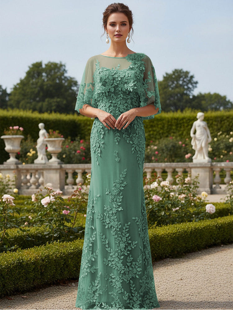 Lace Applique Crew Neck Mermaid Formal Dresses with Caps