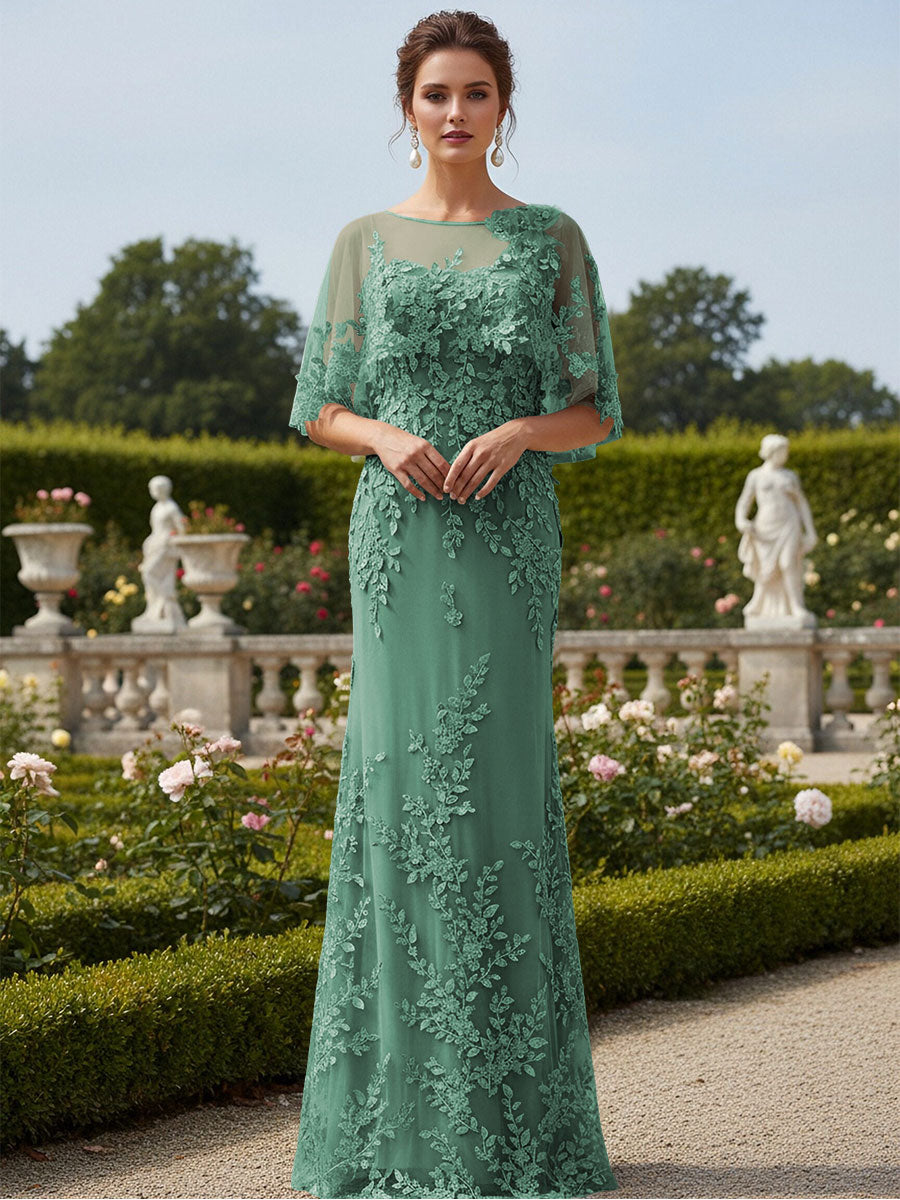 Lace Applique Crew Neck Mermaid Formal Dresses with Caps