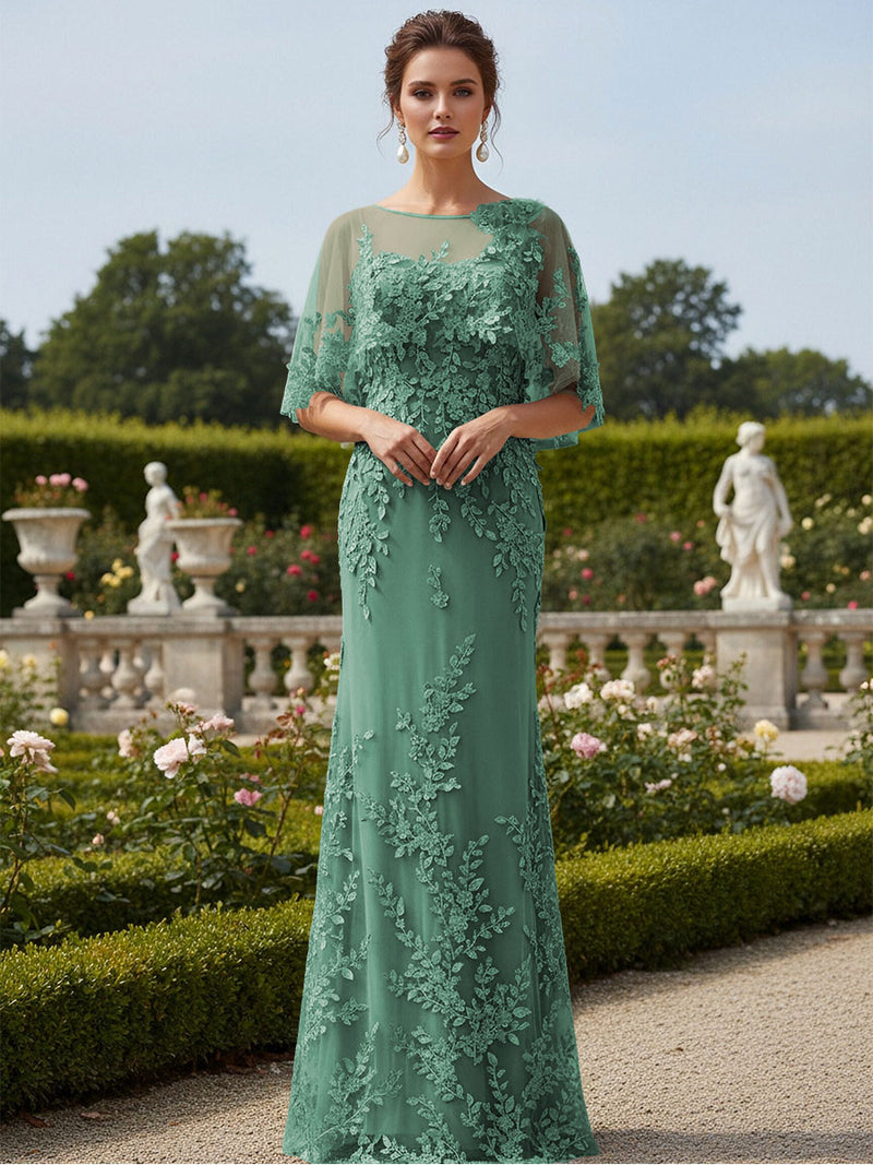 Lace Applique Crew Neck Mermaid Formal Dresses with Caps – Gracins