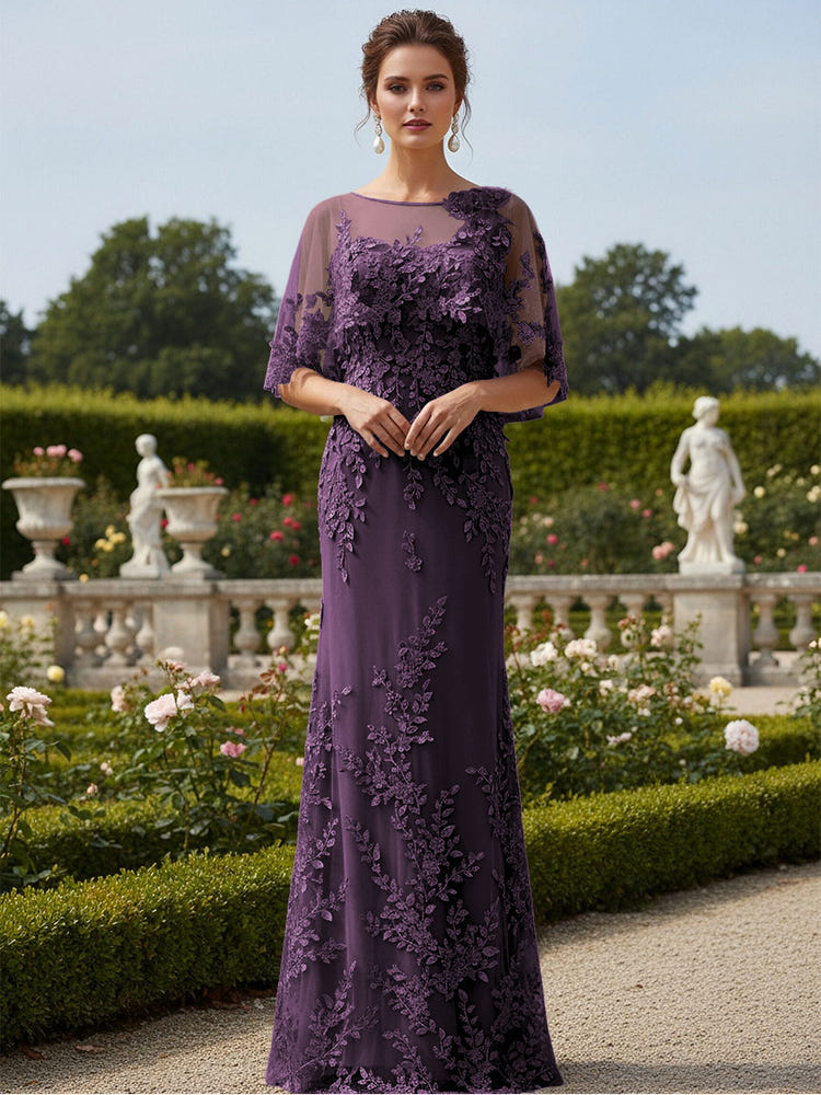 Lace Applique Crew Neck Mermaid Formal Dresses with Caps