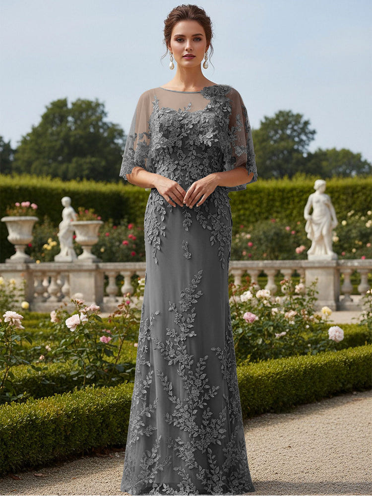 Lace Applique Crew Neck Mermaid Formal Dresses with Caps