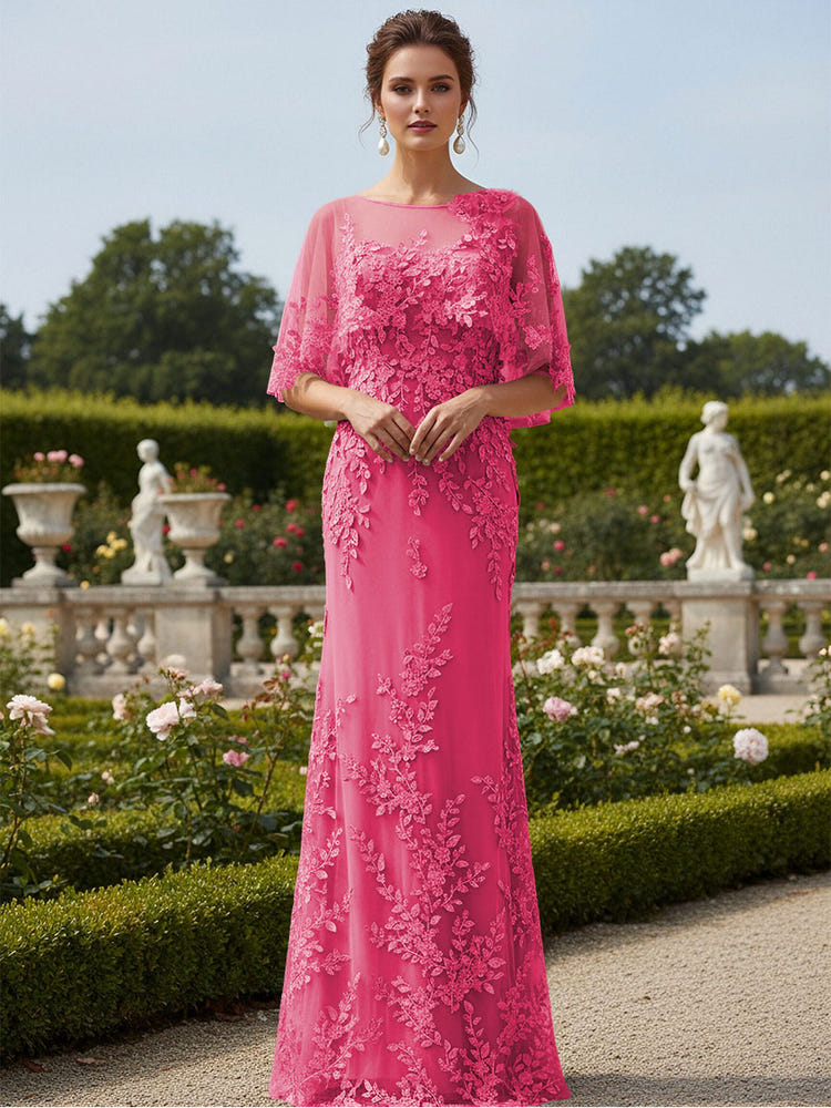 Lace Applique Crew Neck Mermaid Formal Dresses with Caps