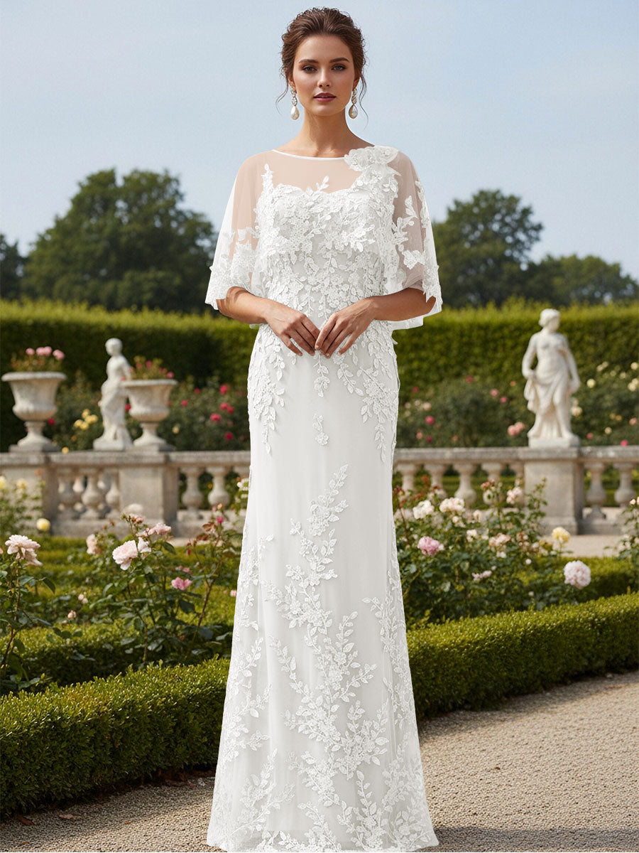 Lace Applique Crew Neck Mermaid Formal Dresses with Caps