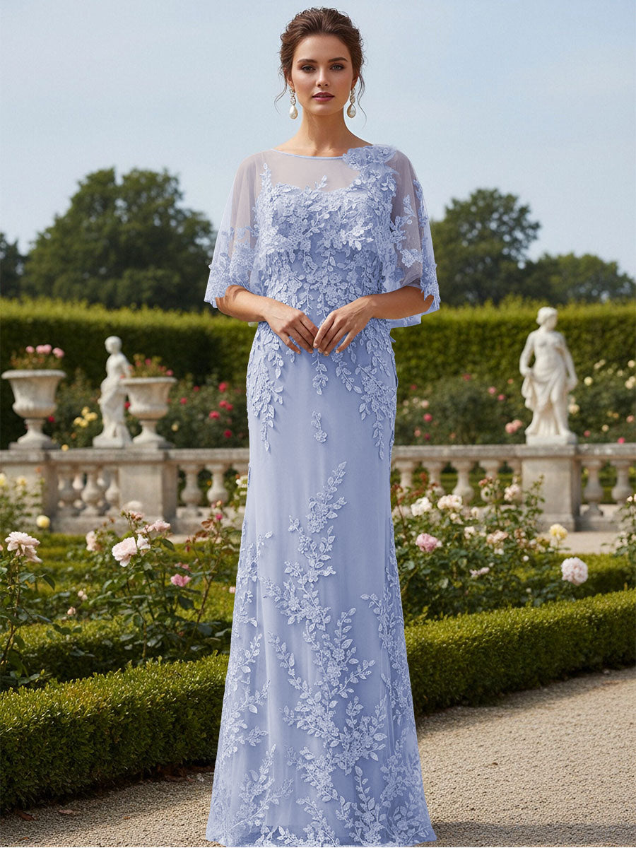 Lace Applique Crew Neck Mermaid Formal Dresses with Caps