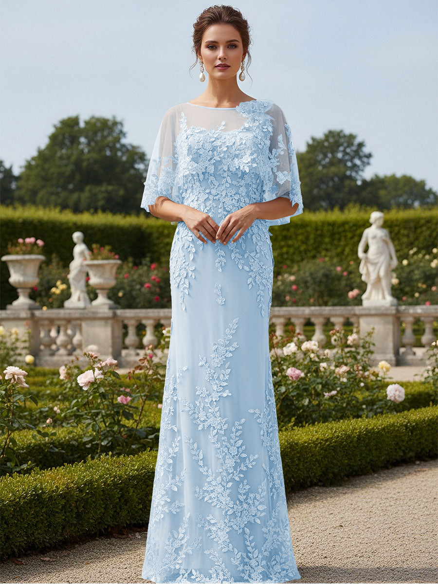 Lace Applique Crew Neck Mermaid Formal Dresses with Caps