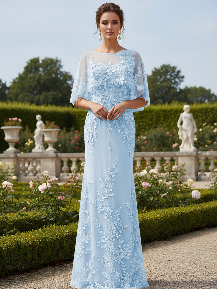 Lace Applique Crew Neck Mermaid Formal Dresses with Caps
