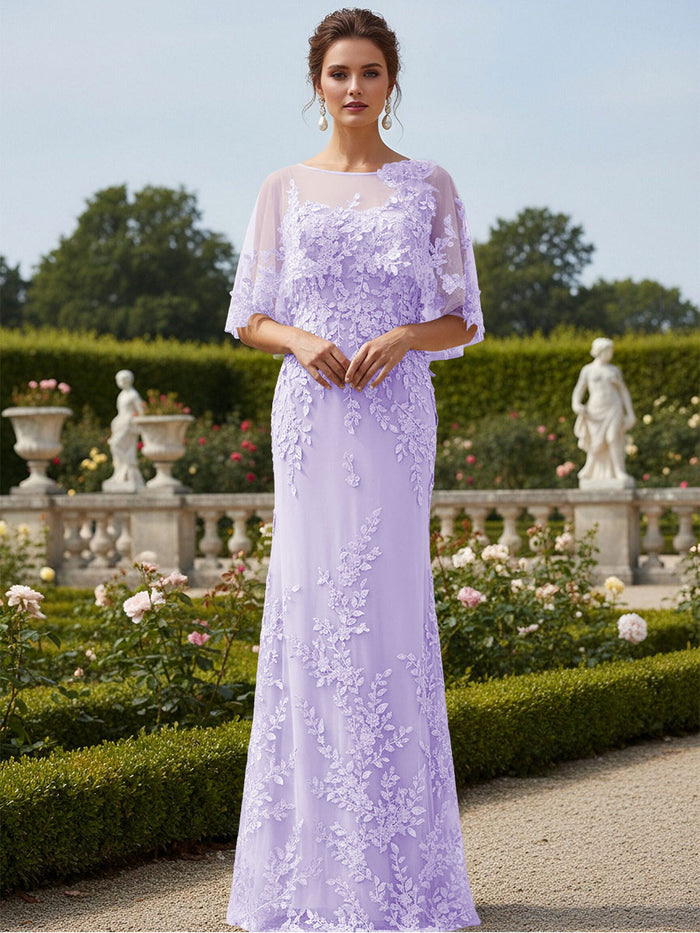 Lace Applique Crew Neck Mermaid Formal Dresses with Caps