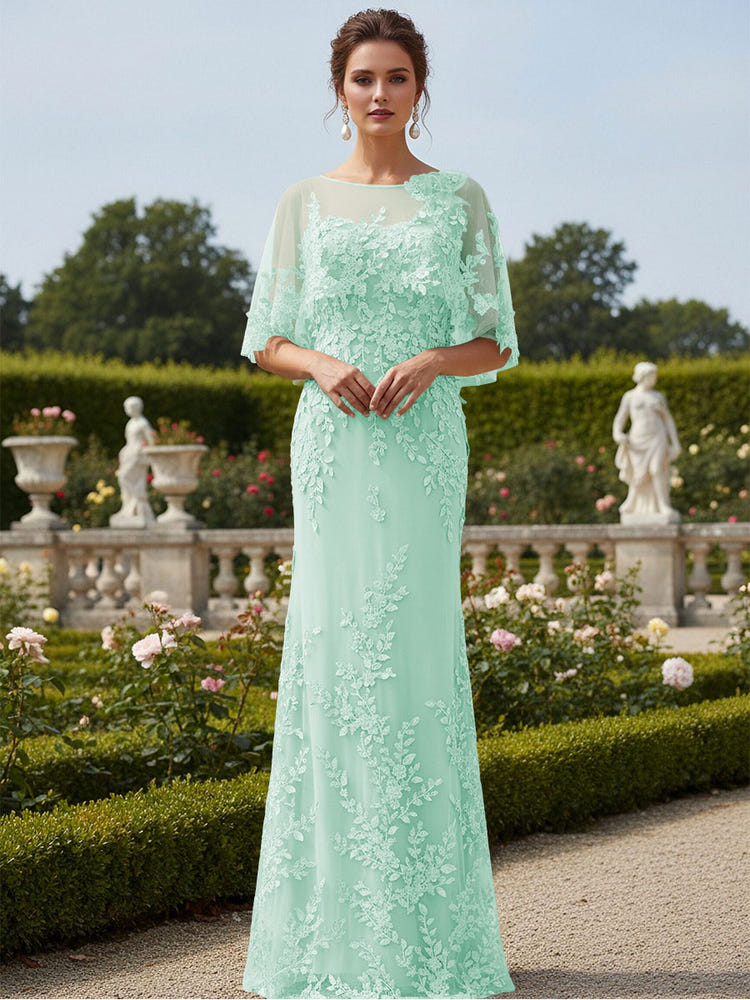 Lace Applique Crew Neck Mermaid Formal Dresses with Caps