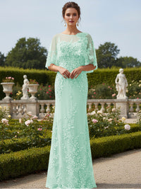 Lace Applique Crew Neck Mermaid Formal Dresses with Caps