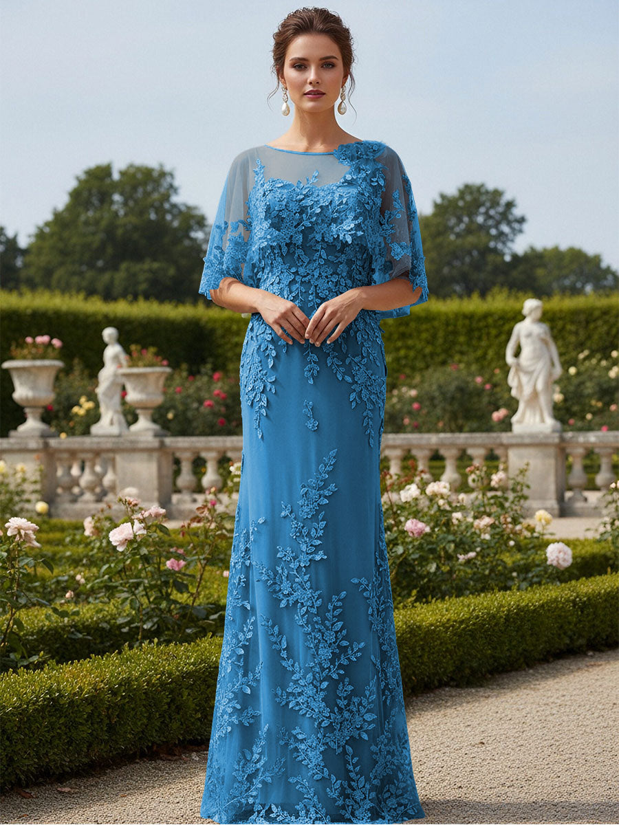 Lace Applique Crew Neck Mermaid Formal Dresses with Caps