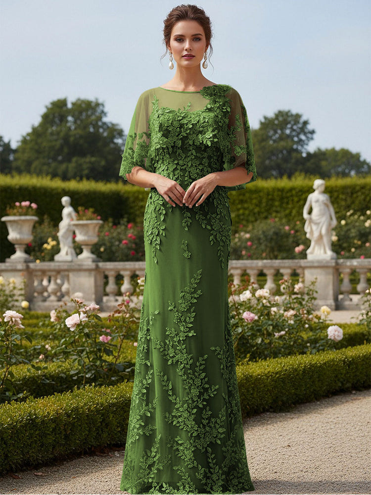 Lace Applique Crew Neck Mermaid Formal Dresses with Caps