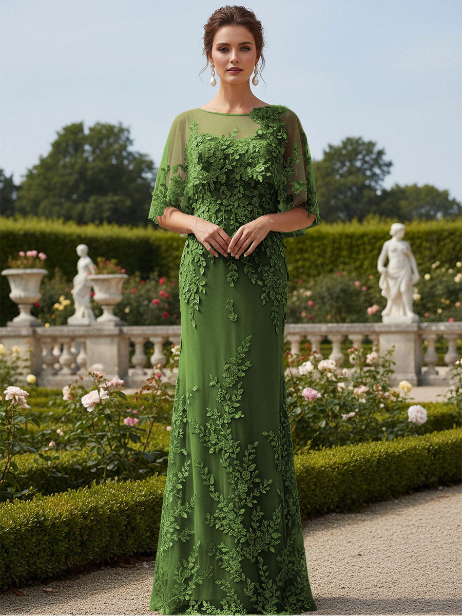 Lace Applique Crew Neck Mermaid Formal Dresses with Caps