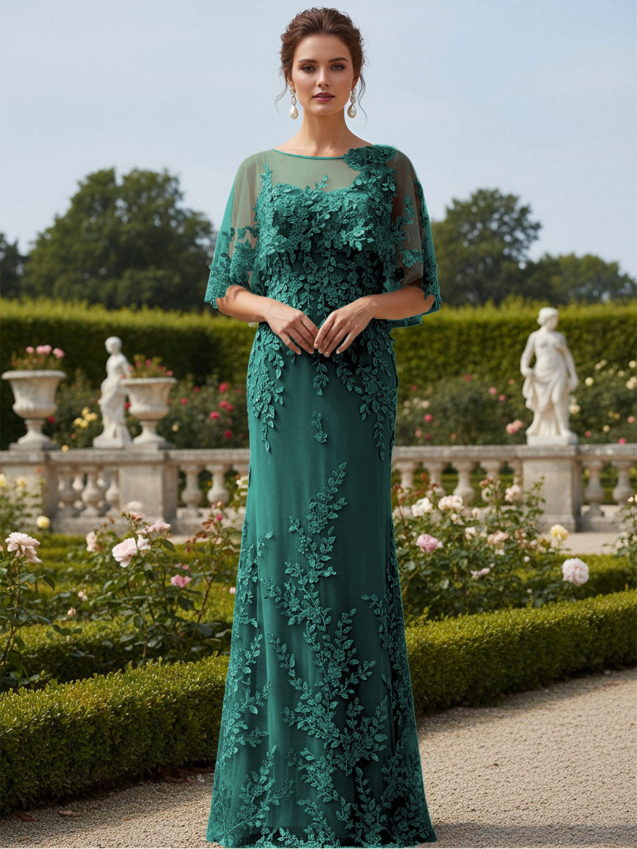Lace Applique Crew Neck Mermaid Formal Dresses with Caps