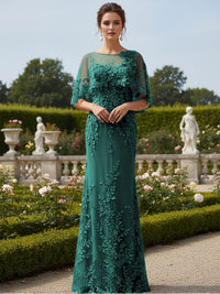 Lace Applique Crew Neck Mermaid Formal Dresses with Caps