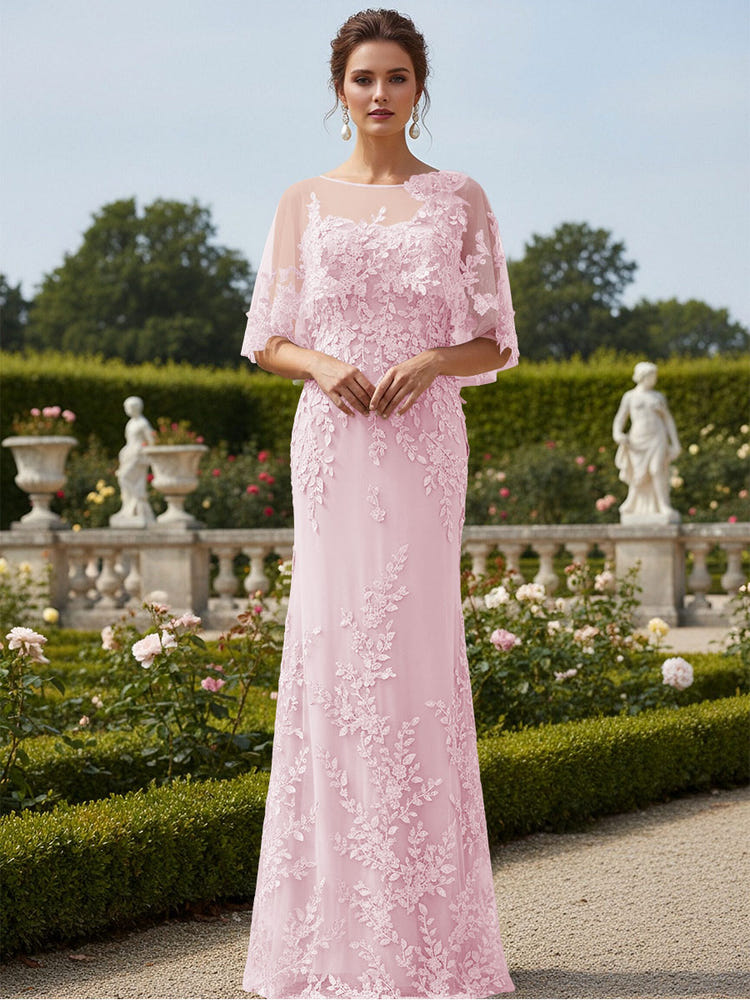 Lace Applique Crew Neck Mermaid Formal Dresses with Caps