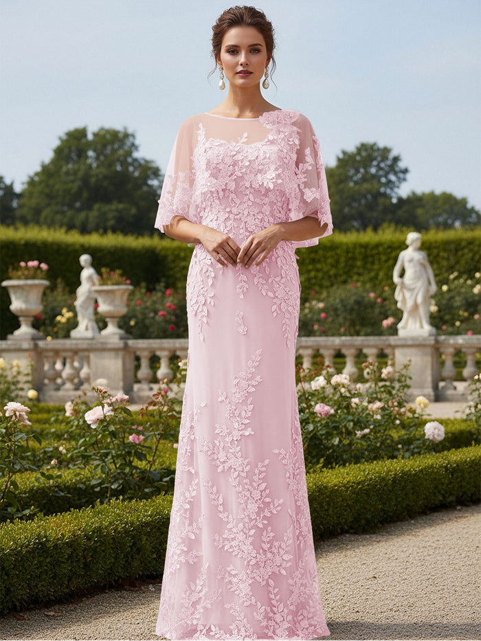 Lace Applique Crew Neck Mermaid Formal Dresses with Caps
