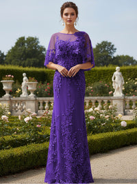 Lace Applique Crew Neck Mermaid Formal Dresses with Caps
